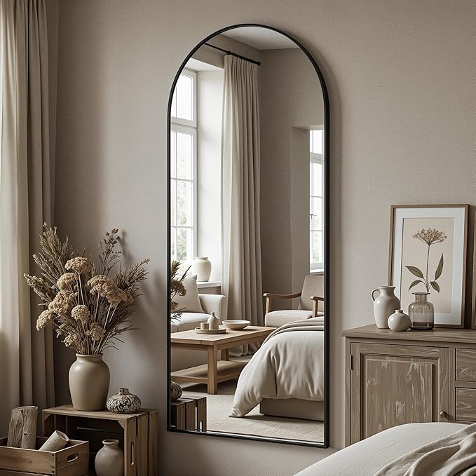 Antok Full Length Floor Mirror Arched Standing Mirror with Aluminum Frame - Freestanding Wall Mount Leaning Body Mirror for Bedroom Living Room Entryway, 58" L x 21" W, Black