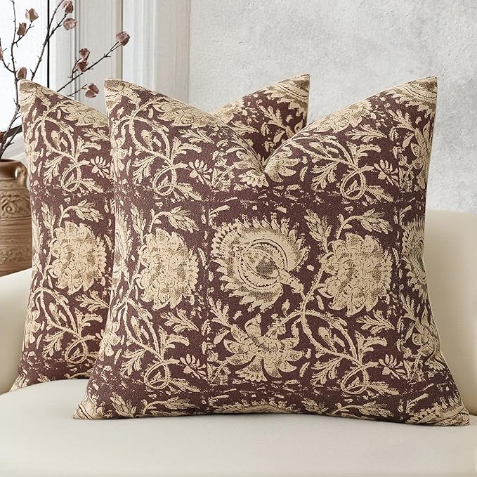 Vintage Floral Print Throw Pillow Covers 20x20 Set of 2 Neutral Modern Farmhouse Accent Decorative Cushion Covers Boho Home Decor for Couch Sofa Chair Bed Living Room, Oxblood
