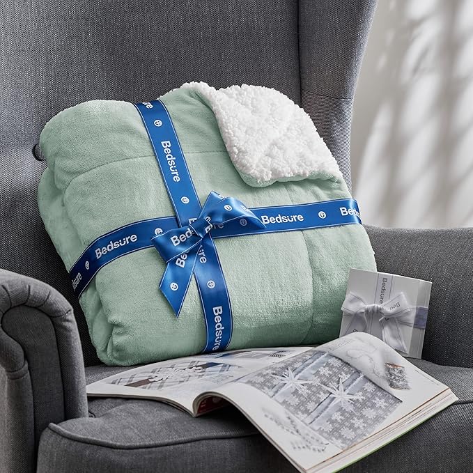 Bedsure GentleSoft Sherpa Fleece Blankets King Size for Bed, Non-Heated, Thick and Warm Throw for Women and Men, Soft Fuzzy Plush King Blanket for Spring, Sage Green, 108x90 Inches