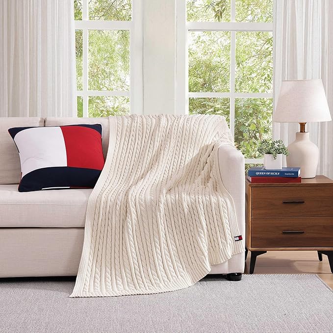 Tommy Hilfiger - Blanket, Ultra-Soft Cable Knit Throw Blanket for Bed or Couch, Lightweight Bedding with a Soft Textured Feel & Iconic Flag Logo (Off-White, 50" x 70")