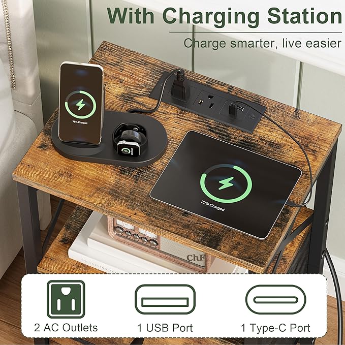 Nightstand Set of 2,Nightstands with Charging Station, Small Bedside Table with Storage, End Table with USB Ports & Outlets,with Fabric Drawers,for Couch, Bedroom(Rustic Brown) LET105R-2