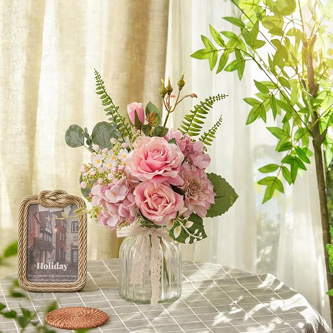 LUEUR Fake Flowers with Vase – Artificial Pink Dahlia & Hydrangea Arrangement, Spring Floral Centerpiece for Coffee Table, Dining Room, Living Room & Farmhouse Home Decor