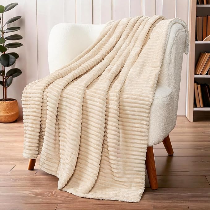 PAVILIA Beige Sherpa Fleece Throw Blanket for Couch, Soft Plush Fuzzy Blankets, Fluffy Flannel Sherpa Blanket for Sofa, Warm 3D Ribbed Winter Blanket Gift, 50x60 inches