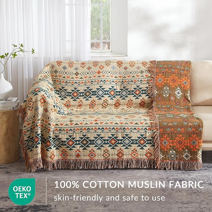Boho Throw Blanket for Couch Sofa Bed, 100% Cotton Woven Quilt with Tassel 80”x90”, Super Soft Muslin Blanket with Patchwork Printed, Decorative Reversible Bed Blanket/Cover for All Seasons