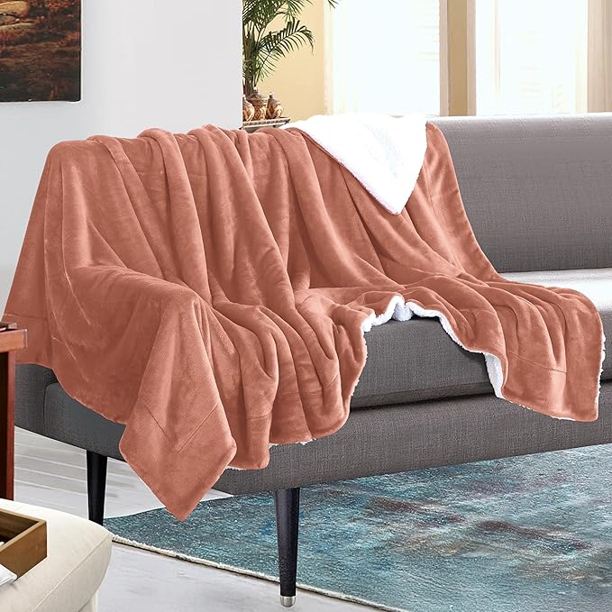 Mocassi Premium Ultra-Soft Velvet Touch Flannel Fleece Sherpa Throw - Warm Cozy Reversible Plush Micromink Throw Blanket for Couch, Bed and Sofa - Fluffy, Christmas Winter Bedding Gift, Coral
