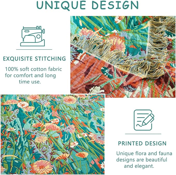 Boho Throw Blanket - 90"x90" 100% Cotton Ultra Soft Lightweight Spring Blanket, 4-Layer Breathable Muslin Blankets for Bed Couch, Reversible Green Floral Printed Bohemian Cotton Quilt