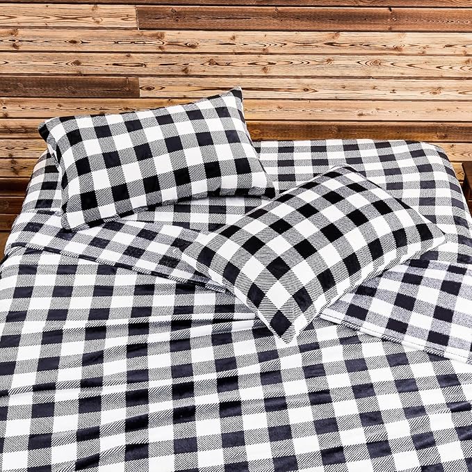 BEDELITE Fleece Sheets Queen Size Bed Set, Luxury Red and Black Plaid Winter Bedding Set, Super Soft & Warm Fuzzy Flannel-Like Sheets 4 Piece(Include Fitted Sheet, Flat Sheet, 2 Pillowcases)