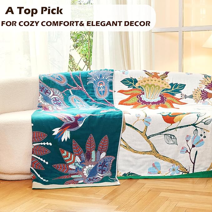 Boho Throw Blanket, 100% Organic Cotton Breathable Skin-Friendly Ultra Soft Bed Quilt Throw - All Season Floral Bird Farmhouse Décor Luxury Blanket for Sofa Couch Chair and Gift. 91" x 98"