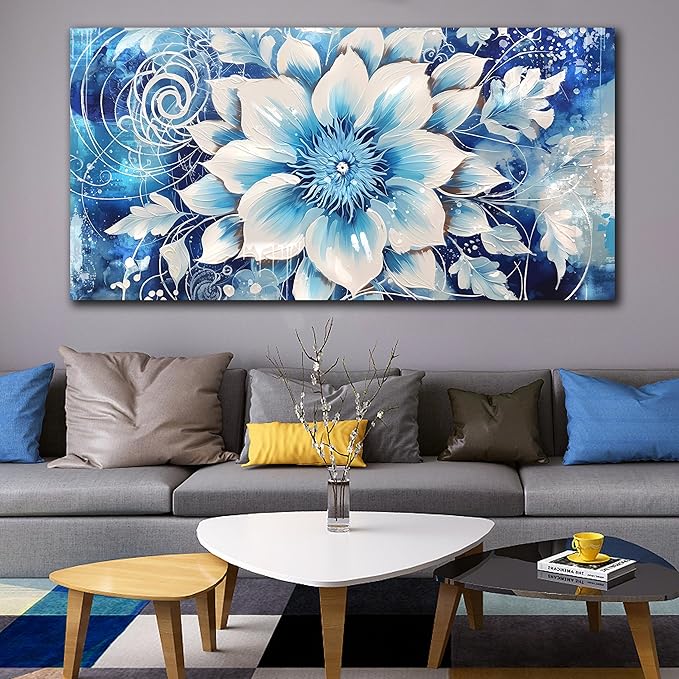 Xxliren Flower Wall Art for Living Room Large Size Office Blue Floral Wall Art Prints Ready To Hang Size 60 x 30 Inch