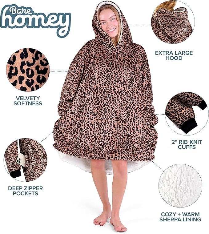 Bare Home Wearable Blanket Hoodie - Soft Plush Sherpa - Warm and Cozy - Oversized Wearable Blanket - Adult & Kid Sizes