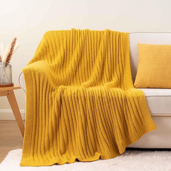BATTILO Fluffy Soft Yellow Throw Blanket, Fuzzy Plush Mustard Knit Throw Blankets, Warm Lightweight Cozy Blanket for Couch, Bed, Sofa, Home Decor, 50"x60"