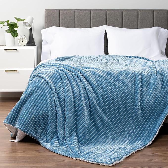 PAVILIA Dusty Blue Sherpa Fleece Throw Blanket for Couch Twin, Soft Plush Fuzzy Blankets, Fluffy Flannel Sherpa Blanket for Bed, Warm 3D Ribbed Winter Blanket Gift, 60x80 inches