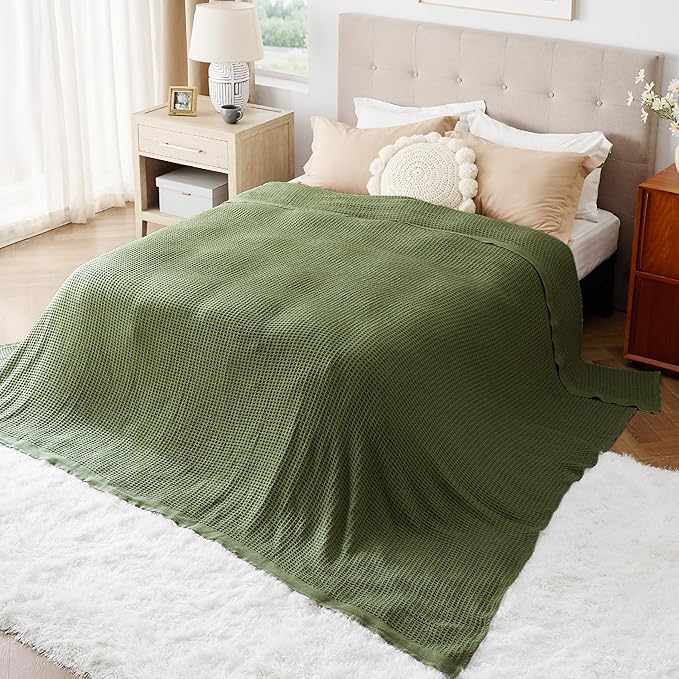 Bedsure Gentlesoft 100% Cotton Big Blanket Oversized King for Bed - Large Breathable Thick Waffle Weave Blanket for Summer, Couch Cover, Olive Green, 120x94 inches