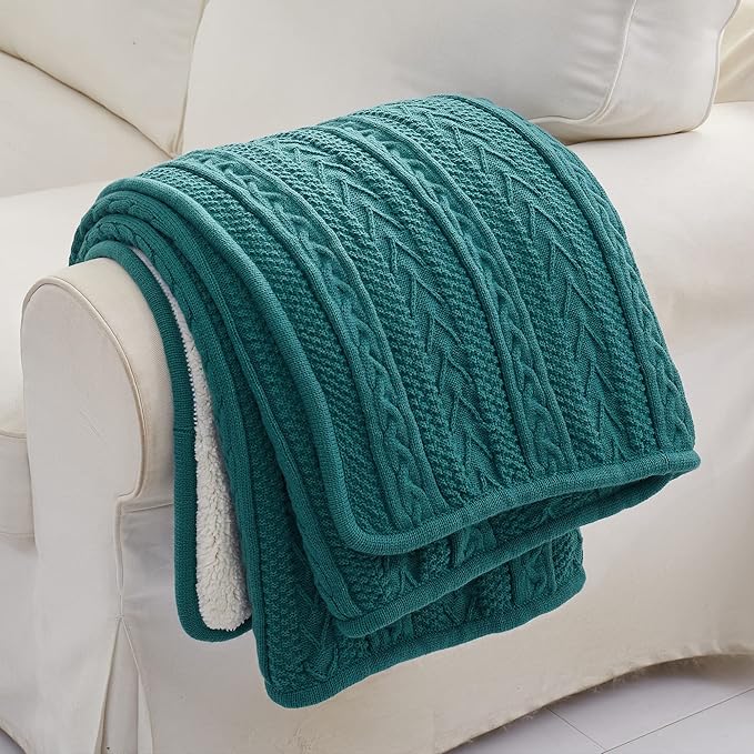 Longhui bedding Lake Blue Acrylic Cable Knit Sherpa Throw Blanket - Thick, Soft, Big, Cozy Lake Blue Knitted Fleece Blankets for Couch, Sofa, Bed - 50 x 63 Inches