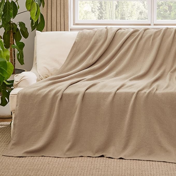 Bedsure GentleSoft 100% Cotton Large Throw Blanket for Couch 50x70 inches - Breathable and Lightweight, Soft Cozy Herringbone Woven Cotton Throw for Summer Spring, Light Brown Office Chair Blanket