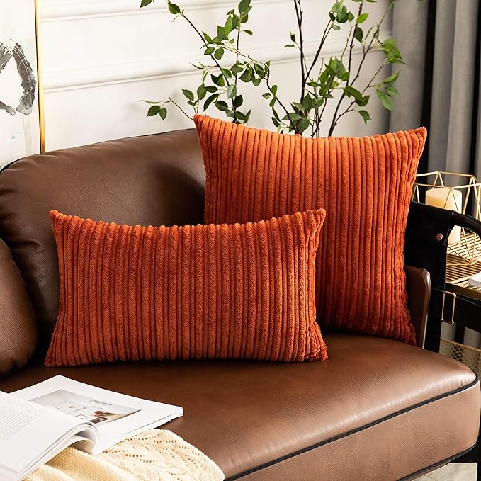 UGASA Fall Soft Lumbar Pillow Cover Stripe Velvet Decorative Oblong Pillow Cover Solid Rectangular Lumbar Cushion Case for Home Couch Sofa Living Room 1 Piece, 12x20 Inch (30x50cm), Burnt Brick