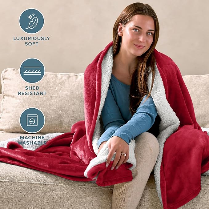 Bare Home Sherpa Fleece Blanket - King Size - Blanket for Bed, Sofa, and Couch - Warm & Lightweight - Fluffy & Soft - Reversible (King, Red)