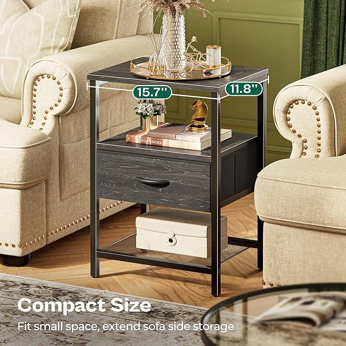 Huuger Nightstand Set of 2, Night Stand with Fabric Drawer, Mesh Shelf, Side Table with Storage, Fabric Drawer Dresser, Open Shelf, Metal Frame, Bedroom, Charcoal Black Wood Grain Print