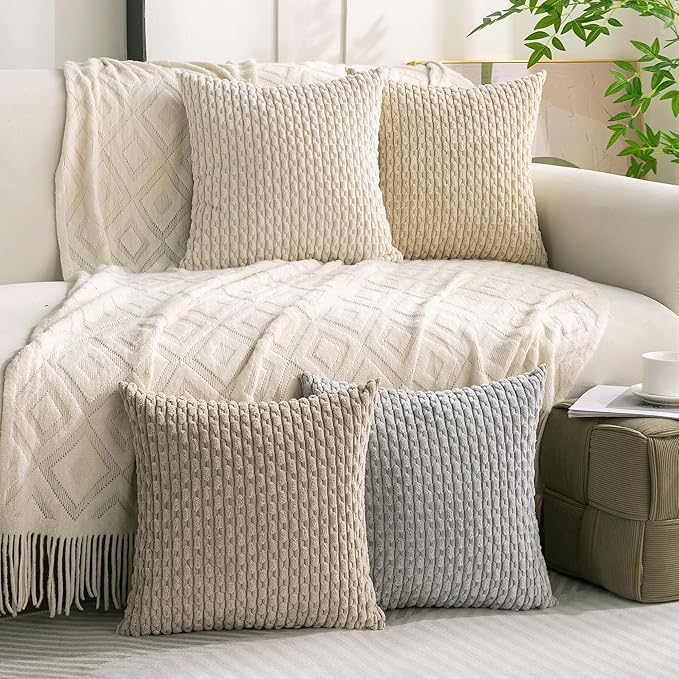 Set of 4 Neutral Decorative Throw Pillow Covers 18x18 Inch Corduroy Pillow Covers for Bed Couch Sofa Living Room Soft Square Cushion Cases