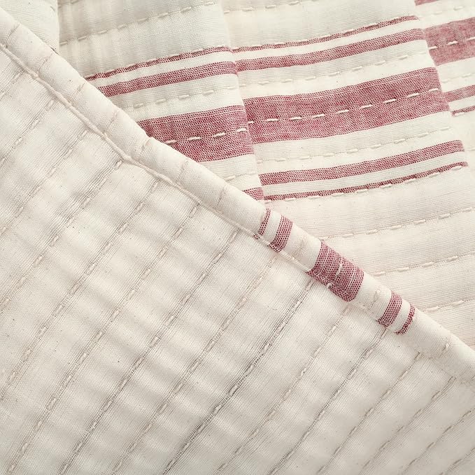 Lush Decor Farmhouse Stripe Kantha Pick Stich Yarn Dyed Cotton Woven Throw Reversible Ticking Pinstripe Design Blanket, 50" x 60", Red