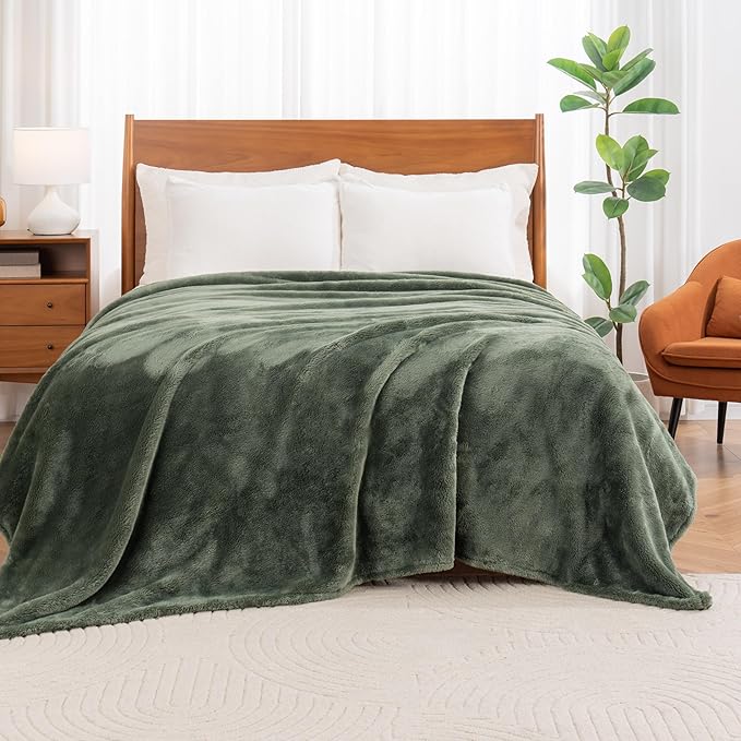 Berkshire Blanket Classic Extra-Fluffy Plush Blanket Queen Size, Soft Fuzzy Fluffy Long Hair Blanket for Couch Sofa Bed, Dark Sage Green, 90x90 Inches