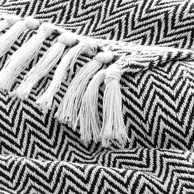 Americanflat 50x60 Throw Blanket - Soft and Breathable Cotton Throw Blanket for Couch, Bed, Chair - Decorative Blankets Perfect for Home, Office, or Outdoor Use - Black and White Herringbone Design