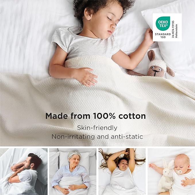 Bedsure GentleSoft 100% Cotton Blanket Queen Size for Bed - Breathable and Lightweight, Soft Cozy Textured Herringbone Woven Blanket for Summer, Cream, 90x90 inches