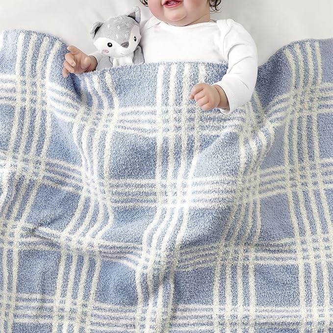 CREVENT 2Pcs 30''X40'' Cute Cozy Fluffy Warm Baby Blankets for Infants Toddlers' Bedding Crib Cot Stroller - Grey Cloud + Knit Line Blue