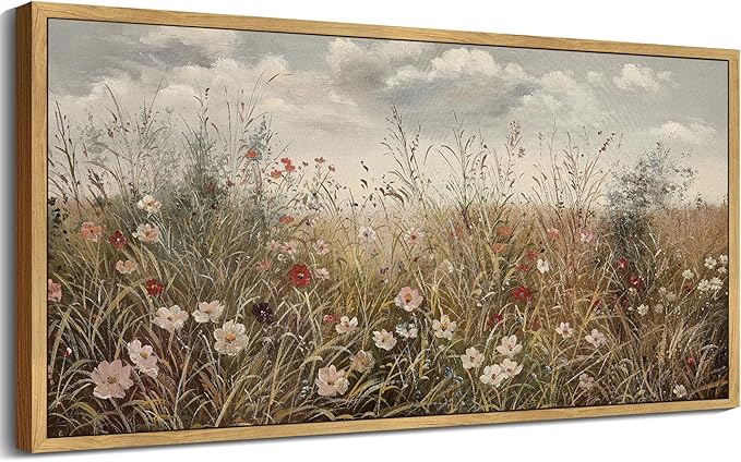 SHENIFY Vintage Landscape Framed Wall Art Meadow with Flowers Farmhouse Decor Retro Wildflower Field Scenery Painting for Hallway Bedroom Living Room Dining Room - 20x40in Natural Framed