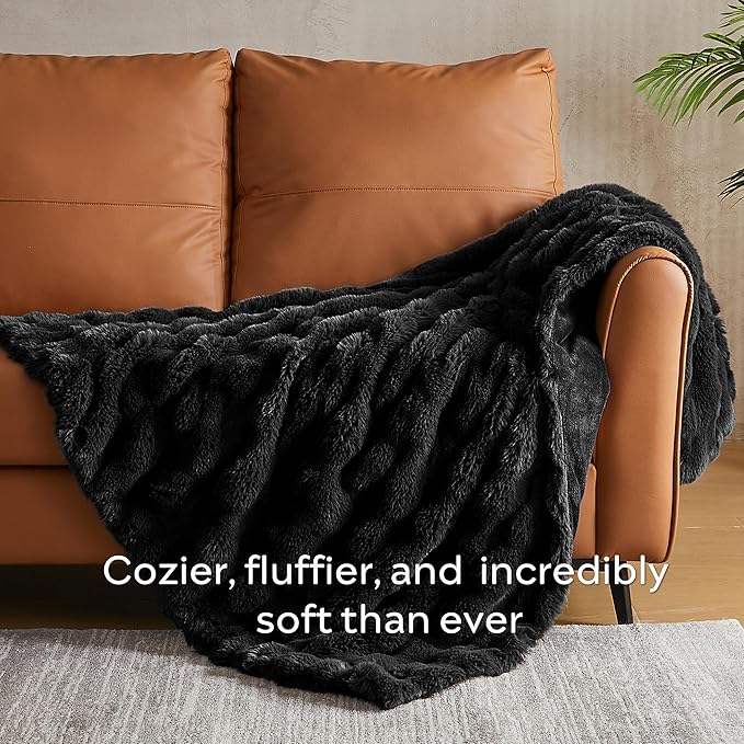 JELLYMONI Faux Fur Throw Blanket, Black Throw Blanket for Couch, Fuzzy Cozy Plush Bubble Bed Blanket, Thick and Warm Blanket, King (108" x 90")