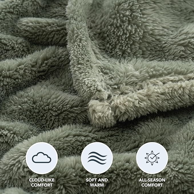 Berkshire Blanket Classic Extra-Fluffy™ Plush Throw Blanket, Soft Fuzzy Fluffy Long Hair Throw Blanket for Couch Sofa Bed, Dark Sage Green, 50x60 Inches
