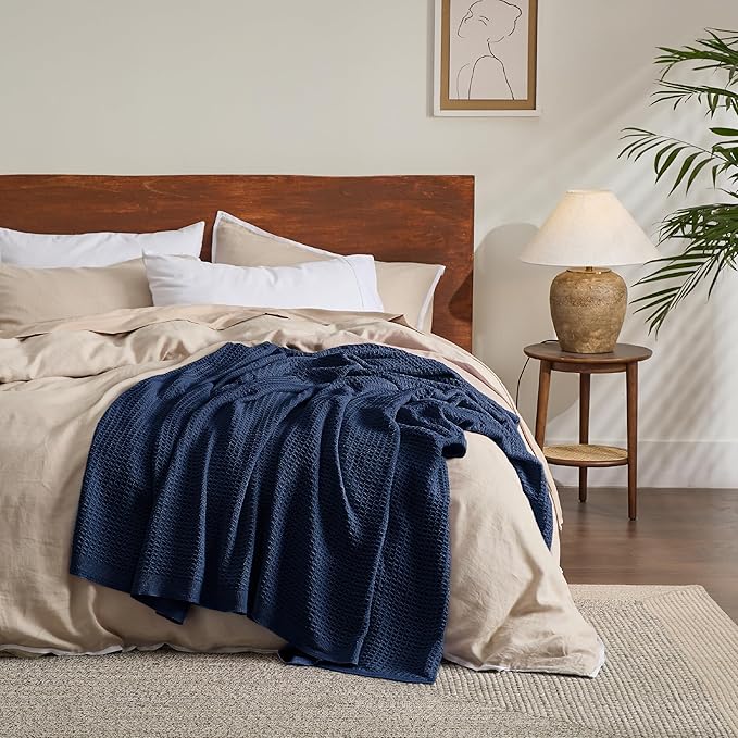 Bedsure Gentlesoft 100% Cotton Blanket Queen Size for Bed - Breathable and Soft for Spring Summer, Thick Cozy Waffle Weave Blanket Gifts for Women, Pageant Blue, 90x90 Inches