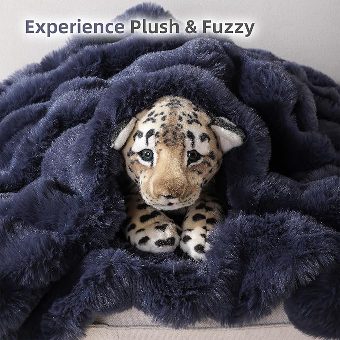 Smoofy Faux Fur Throw Blanket for Couch – Navy Blue Fluffy Cozy Rabbit Fleece, Plush Soft Bubble Blanket for Sofa & Bed, for Mom, Warm Fuzzy Home Room Decor Throw 60" x 80"