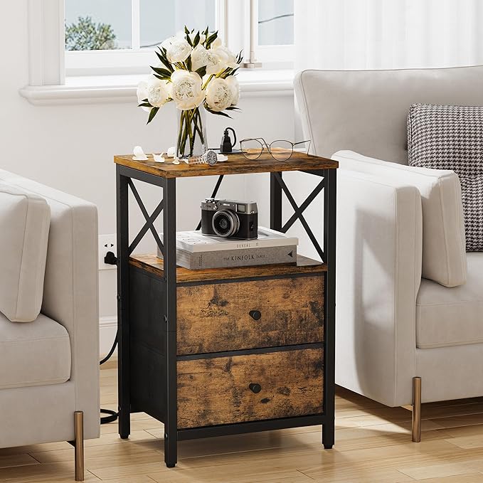 Nightstand Set of 2,Nightstands with Charging Station, Small Bedside Table with Storage, End Table with USB Ports & Outlets,with Fabric Drawers,for Couch, Bedroom(Rustic Brown) LET105R-2