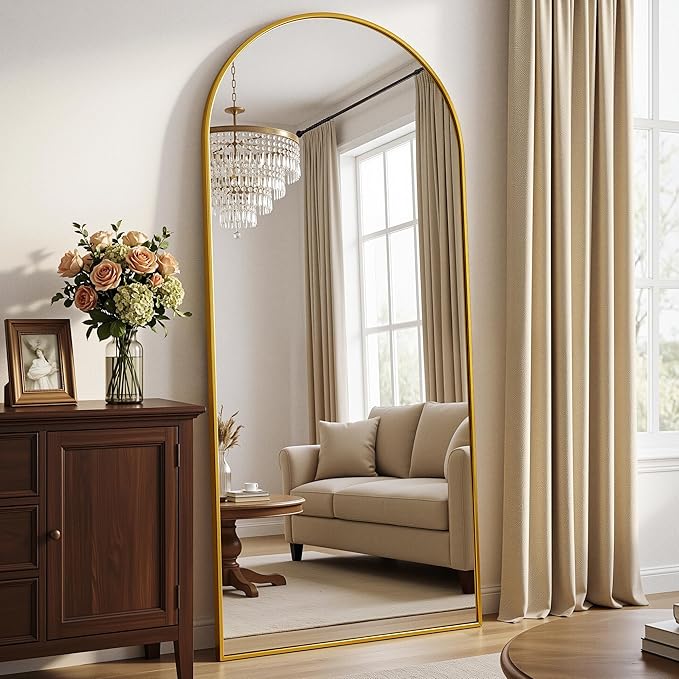 Antok Full Length Floor Mirror Arched Standing Mirror with Aluminum Frame - Freestanding Wall Mount Leaning Body Mirror for Bedroom Living Room Entryway, 71" L x 28" W, Gold