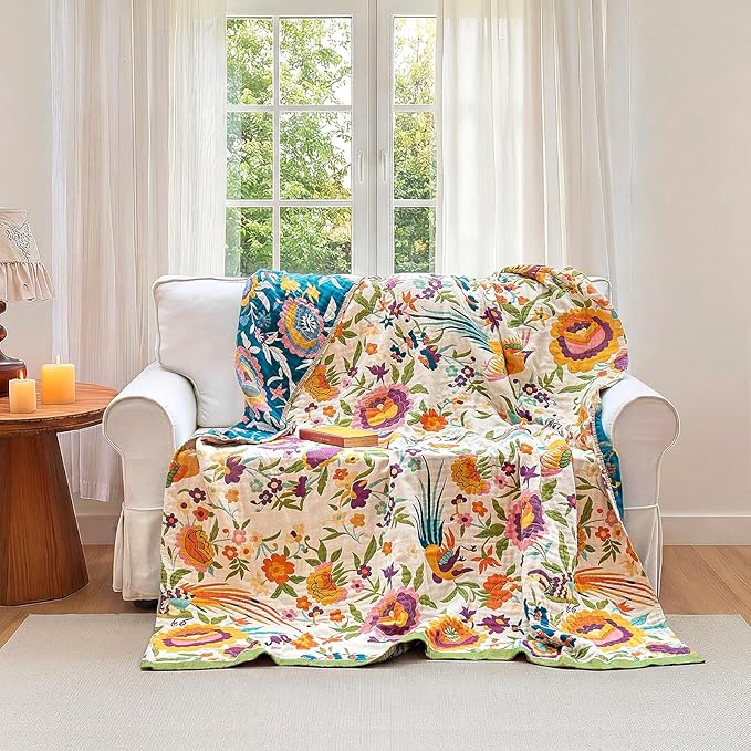 Boho Throw Blanket - 90"x108" 100% Cotton Ultra Soft Lightweight Blanket, 4-Layer Breathable Muslin Spring Blankets for Bed Couch, Reversible Green Floral Bird Printed Bohemian Cotton Quilt