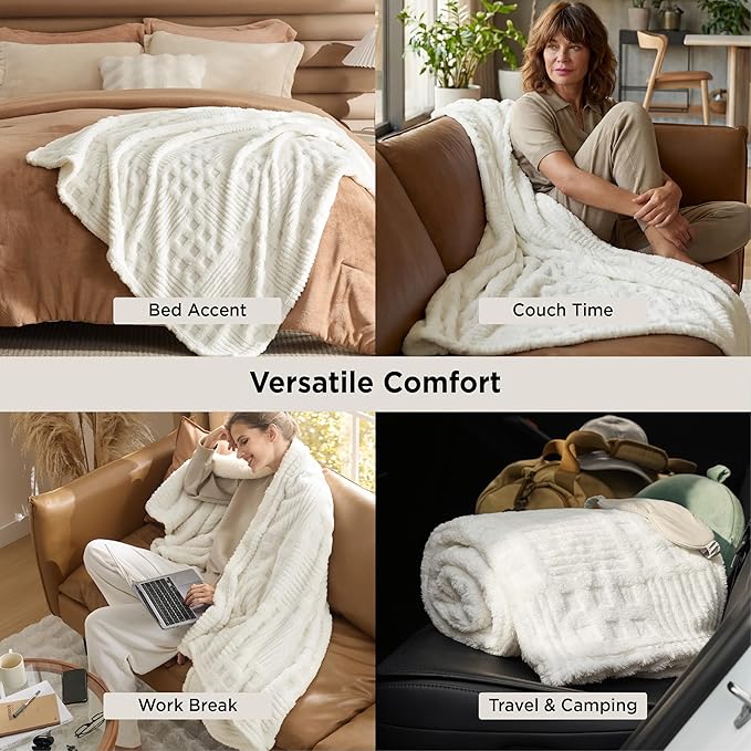 Bedsure White Throw Blanket for Couch - GentleSoft Fluffy Waffle Blanket for Sofa Bed Room Decor, Super Cozy Fleece Checkered Throw for Women, Warm for All Season, 50x60 Inches