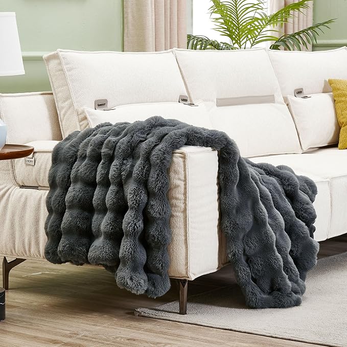 DREAMNINE Soft Fuzzy Bubble Faux Rabbit Fur Throw Blanket for Couch 50" x 60", Double Sided Long Shaggy Thick Warm Fluffy Blankets for Winter, Decorative Luxury Gray Cozy Plush Cute Furry Blanket,Grey