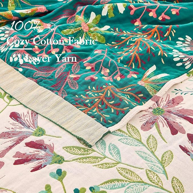 Boho Throw Blanket for Bed, 100% Cotton Soft Rustic Quilt Fall Blanket, 50"x60" Green Floral Printed Farmhouse Decor Bed Blankets, All Season Rustic Reversible Bohemian Throw Quilt