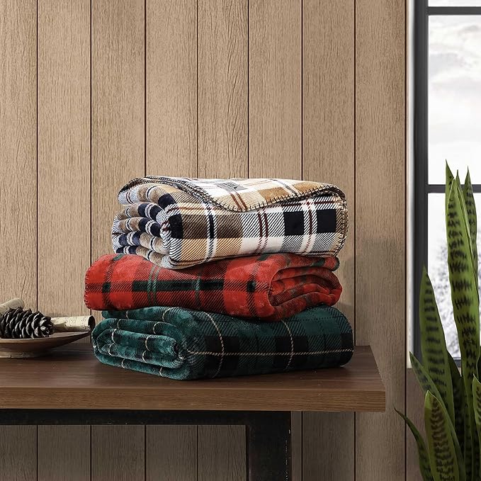 Eddie Bauer - Throw Blanket, Ultra-Soft & Reversible Plush Bedding, Throw Blanket for Couch & Bed (Trailhead Plaid Beige, 60" x 70")