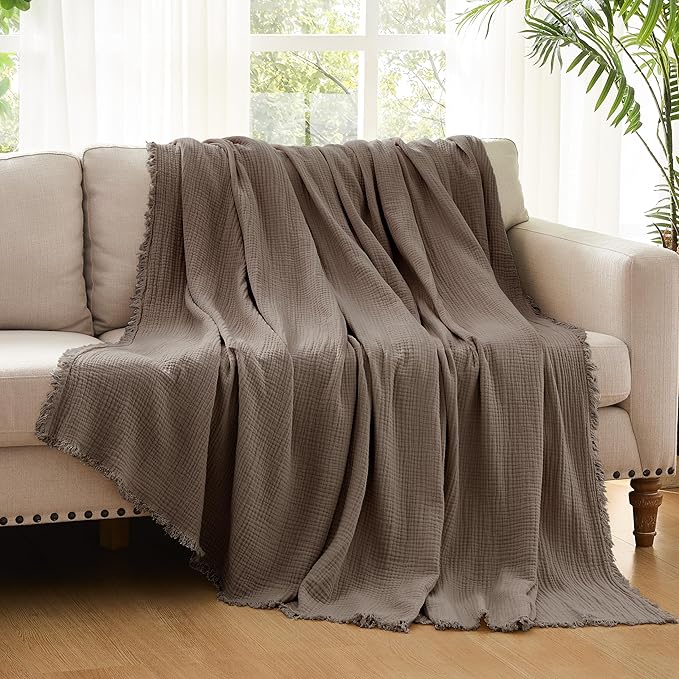 WDCOZY Muslin Blanket 100% Cotton Blankets Twin Size 4-Layer Breathable Lightweight for Couch Bed Boho Farmhouse Linen Tassels Ruffle Gauze Blankets 60x80 Inches Brown Mocha Chocolate Coffee Taupe