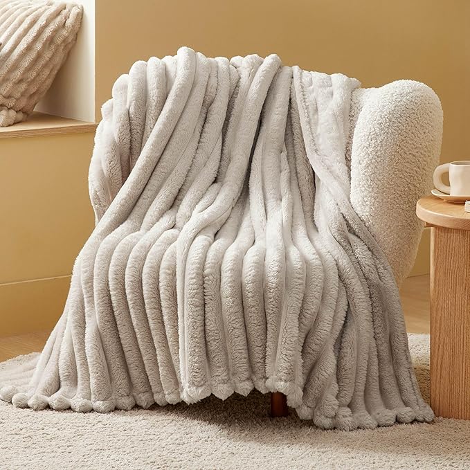 Bedsure Throw Blanket for Couch - 350GSM Super GentleSoft Fuzzy Fluffy Cozy Fleece Blankets for Women, Cute Small Plush Throws for Girls, Linen, 50x60 Inches, Wider Striped Design