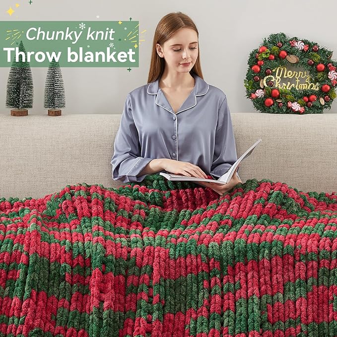 Chunky Knit Throw Blanket, 80''*90'' Knitted Throw Chenille Yarn for Bed Couch, Handmade Stripe Crochet Big Thick Blanket, Machine Washable Cute Comfy Blanket for Home Decor