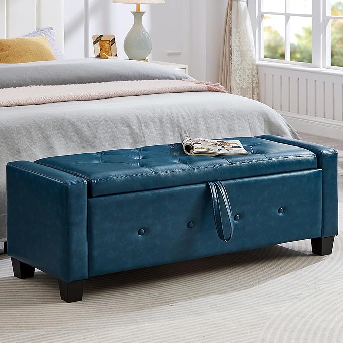 48" PU Leather Storage Ottoman Bench for Bedroom Bed End,Tufted Faux Leather Ottomans with Storage for Living Room,Bedside,Entryway,Modern Window Benches with Seating (PU Blue, 48")