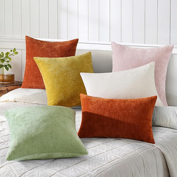decorUhome Chenille Blush Pink Summer Throw Pillow Covers 26x26 Inch Set of 2, Decorative Soft Couch Pillow Covers Solid Dyed Accent Farmhouse Neutral Square Pillow Cases for Sofa