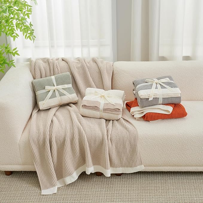 Amélie Home Waffle Throw Blanket for Couch Twin, Soft Cozy Chenille Knit Blanket Warm Decorative Throw for Sofa, Bed, Living Room, 60"x80", Beige