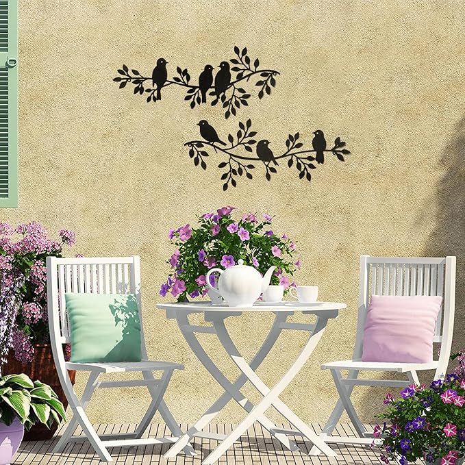 LOMOHOO Metal Birds Wall Decor Art Leaves 6 Birds on Vine Olive Branch Iron Sculptures Silhouette Metal Hanging Ornament Bedroom Living Room Indoor Outdoor Decoration