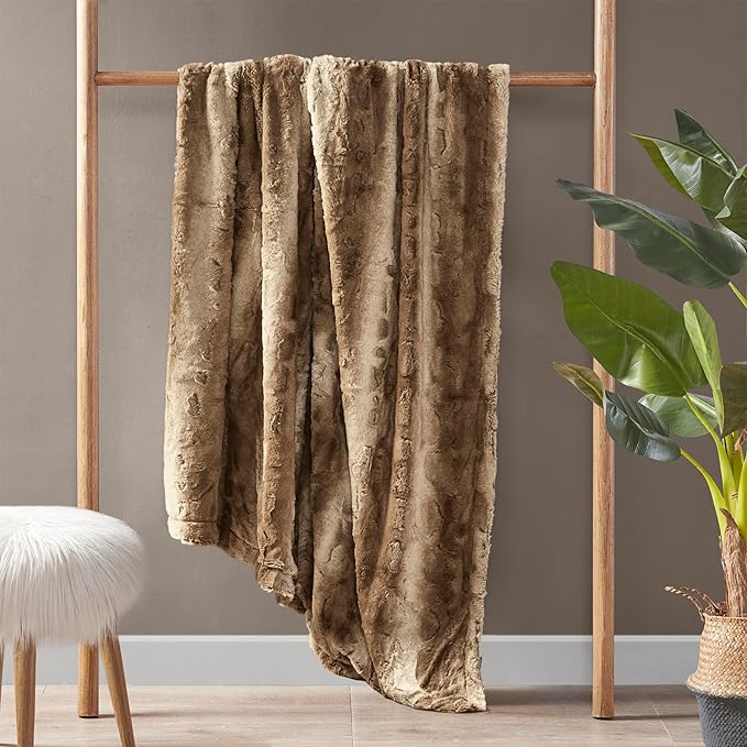 Madison Park Zuri Soft Plush Luxury Oversized Faux Fur Throw Animal Stripes Design, Faux Mink On The Reverse, Modern All Seasons Blanket for Bed, Sofa Couch, Office, Tan, 60x70"