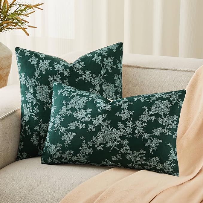100% Cotton French Pastoral Throw Pillow Covers Set of 2, 18x18 Inch Background/Green Farmhouse Decorative Cushion Covers for Sofa Bed Living Room Home Decor