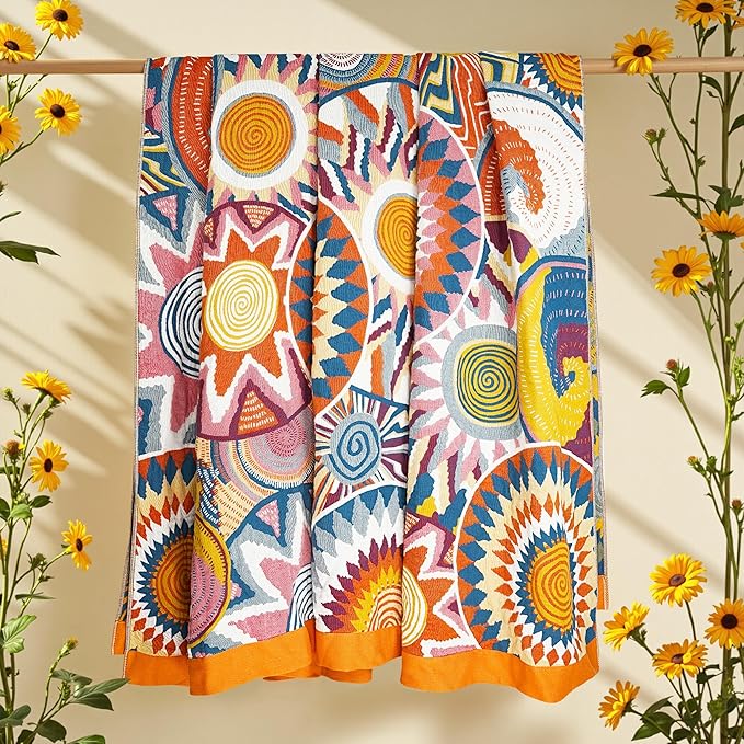 Boho Throw Blanket, 100% Organic Muslin Cotton Skin-Friendly Breathable Ultra Soft Bed Quilt Throw - All Season Decor Colorful Blanket for Sofa Couch Chair and Gift. 91" x 108"